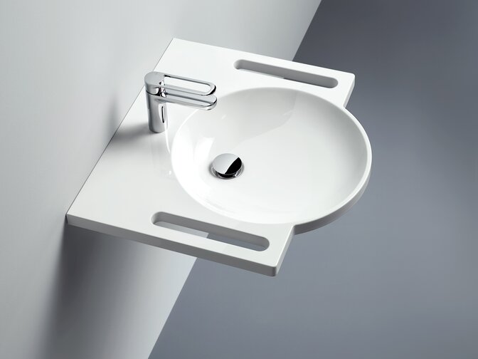 HEWI washstand Washbasin with grab rail, round basin and single lever tap in chrome