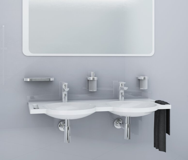 HEWI Doppelwaschtisch Doppelwaschtisch mit Haltegriff, rundem Becken, Einhebelmischer in Chrom, Seifenspender, Becher und Ablage