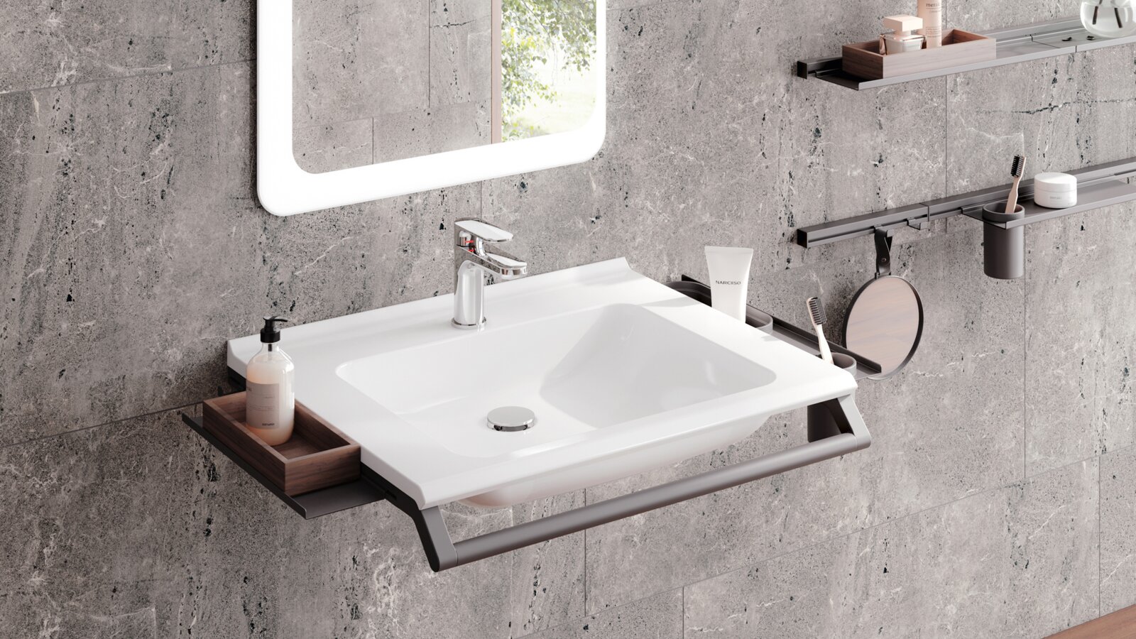 HEWI modularer Waschtisch Dunkelgrau matt Modularer Waschtisch mit Haltegriff und Ablagen für Badutensilien in der Farbe Dunkelgrau matt aus Edelstahl